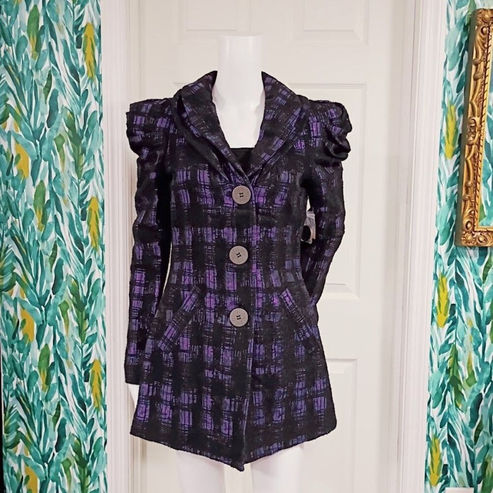 Samuel Dong Black & Mauve Plaid Jacket S With Puff Sleeves Button Front - Picture 11 of 11